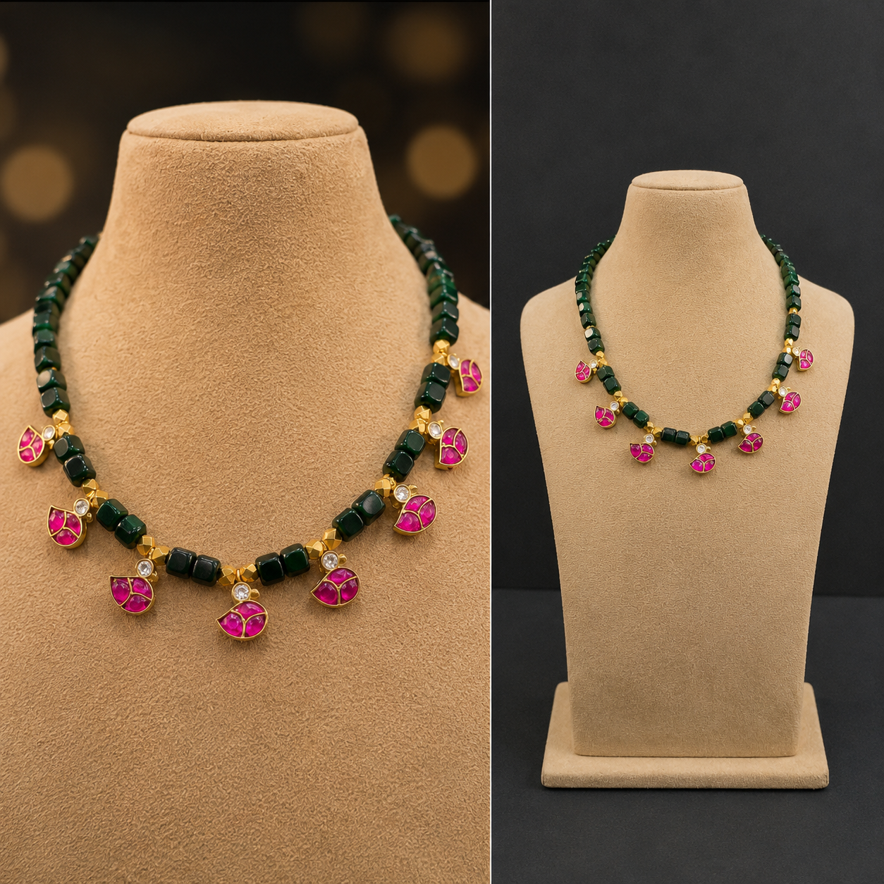 green real beads mala with jadau kundans green real beads mala with jadau kundans