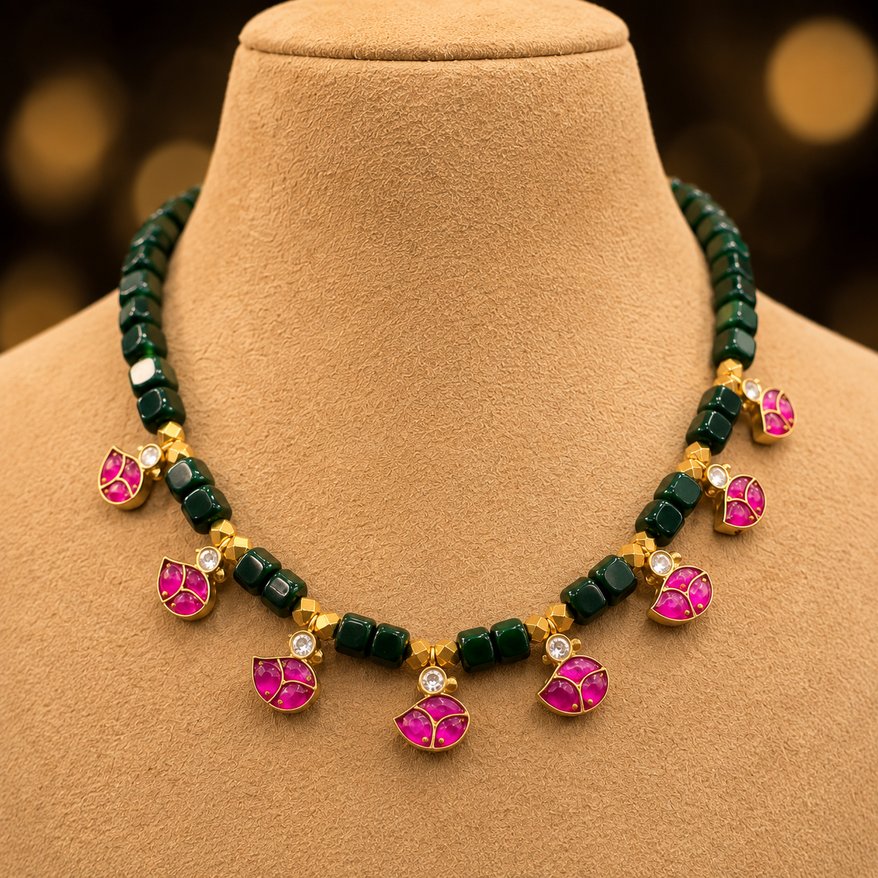 green real beads mala with jadau kundans green real beads mala with jadau kundans