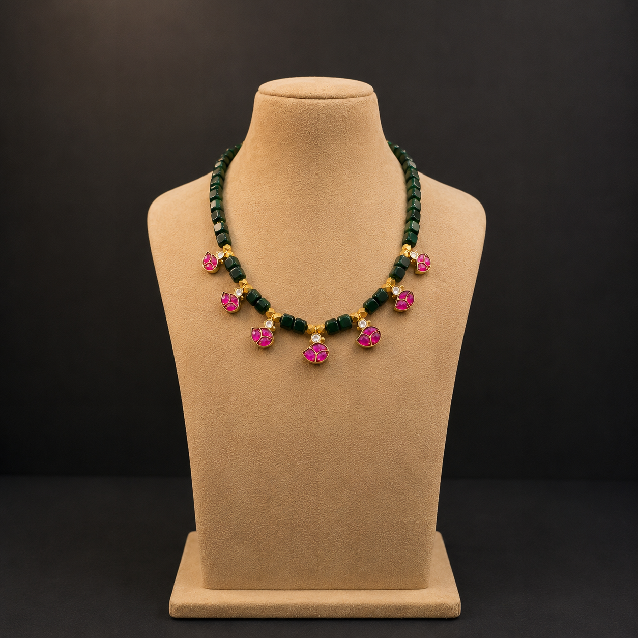 green real beads mala with jadau kundans green real beads mala with jadau kundans