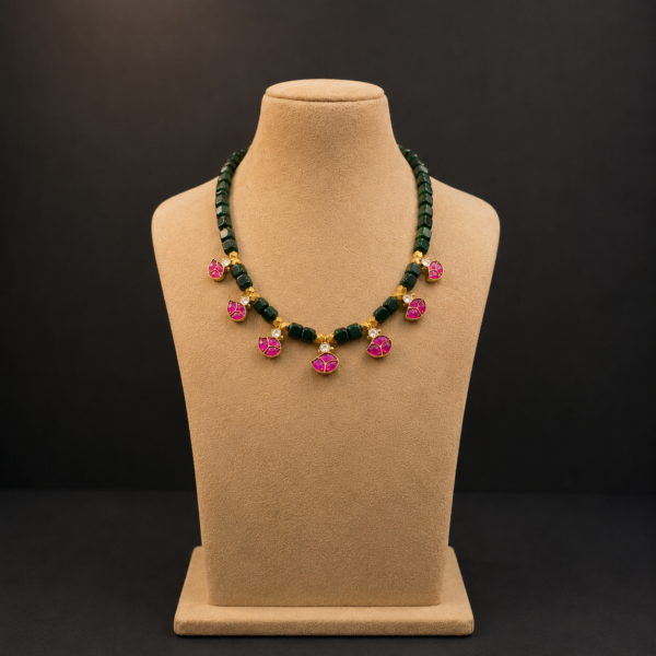 green real beads mala with jadau kundans