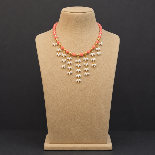 real coral mala with pure pearls with earrings