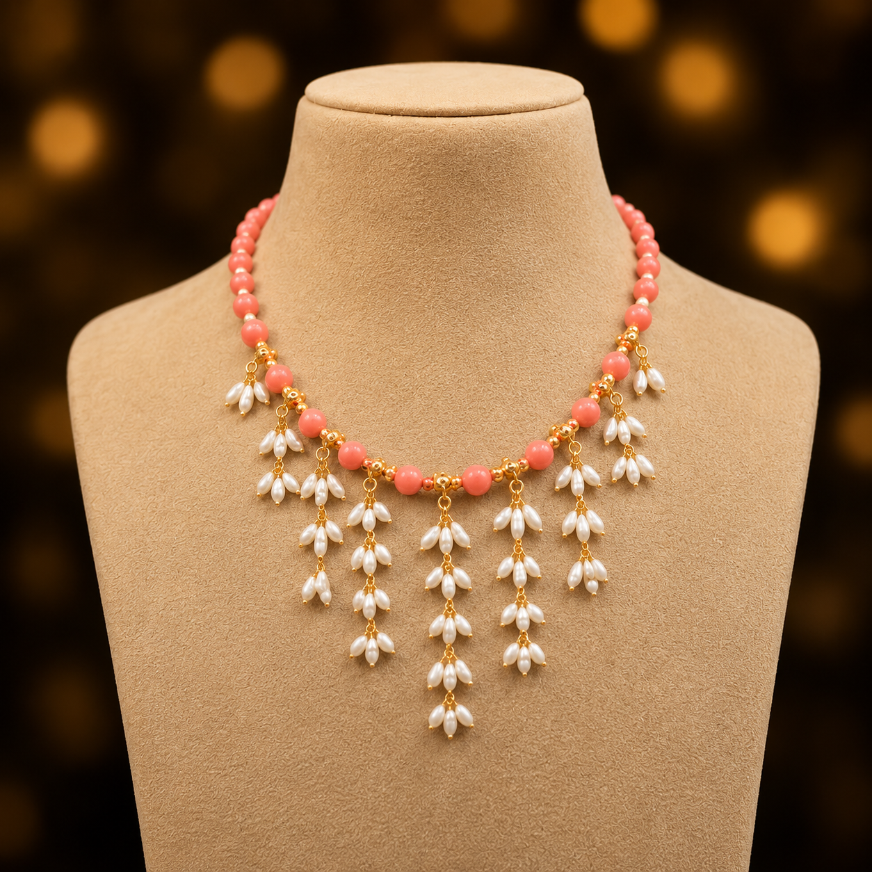 real coral mala with pure pearls with earrings real coral mala with pure pearls with earrings